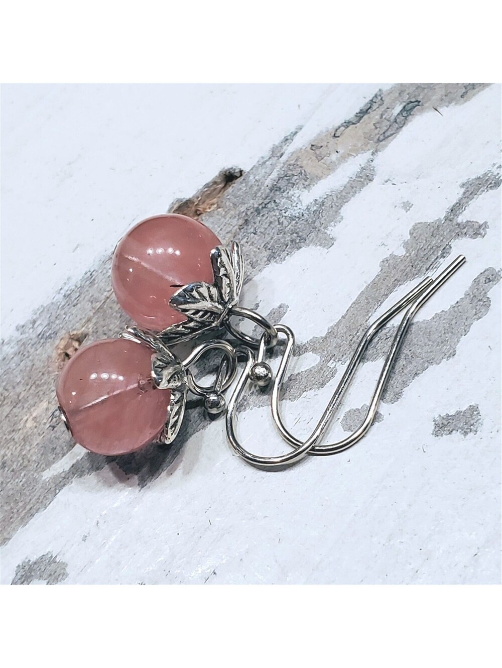 Cherry Quartz Gemstone Dangle Silver Platinum Plated Artsy Leaf Capped Earrings - Picture 10 of 11